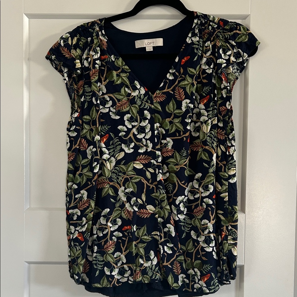 LOFT Women's Floral Blouse - Navy, Green, and White